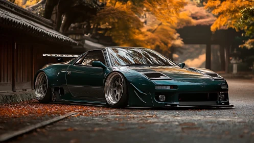 Midnight-green street rocket lounges beneath autumn temples