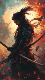 Solitary samurai in ember storm, side profile, dual katanas