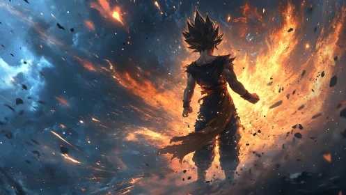 Dynamic anime warrior in explosive elemental energy field.