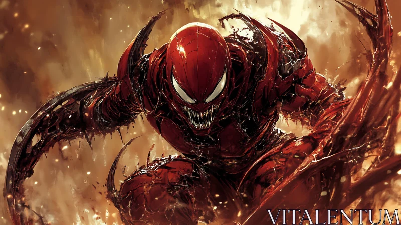 Red monstrous symbiote lunges forward in fiery chaos.