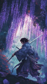Samurai under cascading wisteria canopy with dual katanas poised.