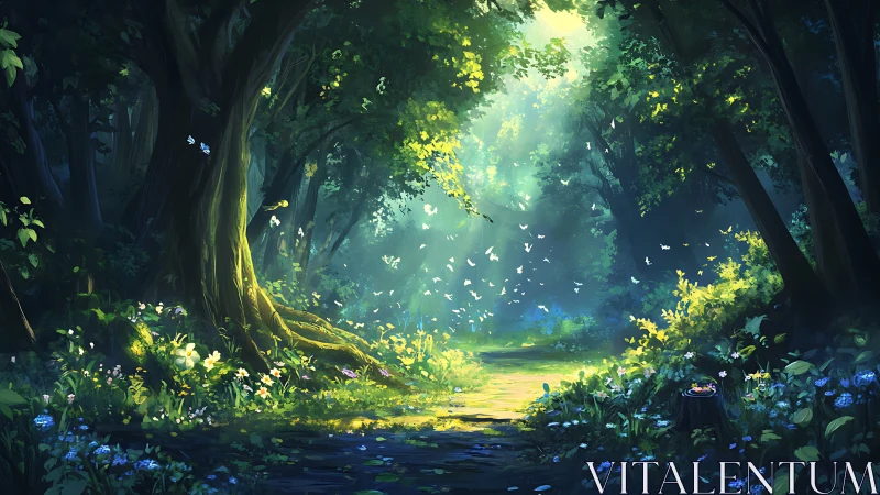 Enchanted Forest Grove with Luminescent Canopy and Bioluminescent Flora