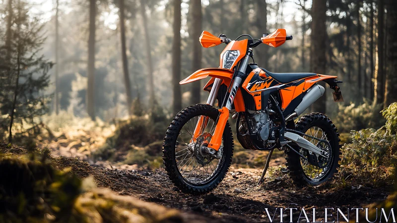 Enduro motorcycle with knobby tires parked in sunlit forest trail