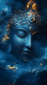 Serene celestial face rests gently within glowing night clouds