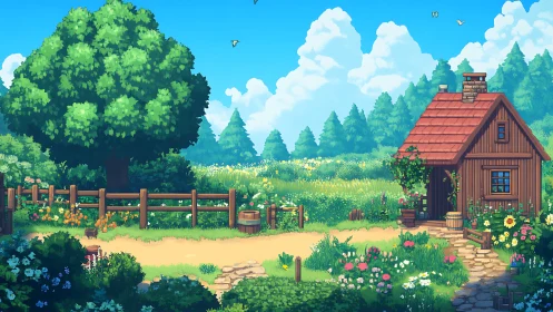 Sunlit pixel cottage dreaming in a wildflower meadowscape.