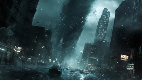 City storm twisting the night into a glowing tunnel of wind.