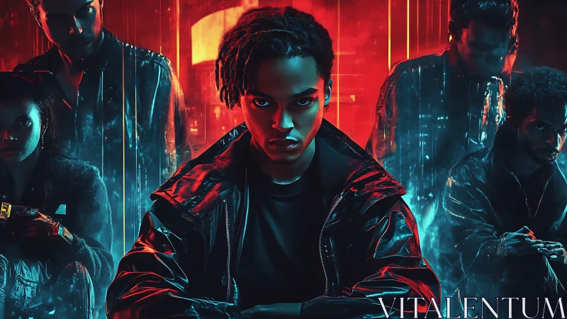 Brooding cyber crew under neon red and teal haze.