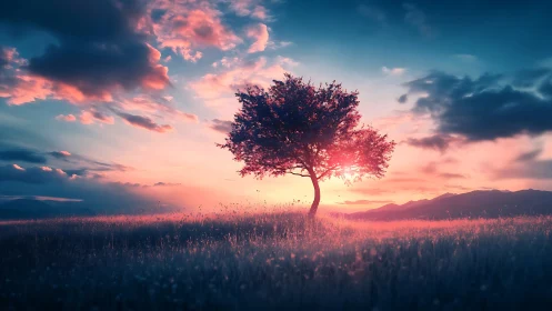 Solitary tree under vivid sunset sky in open meadow.