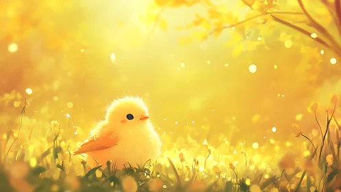 Sunlit spring chick resting in glowing meadow haze.
