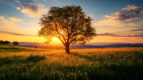 Backlit lone tree anchors sunset field with high dynamic range glow