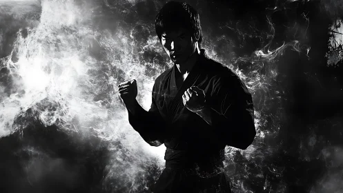Monochrome martial artist in dynamic smoke illuminated contrast