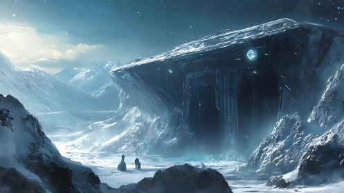 Ancient alien facility looms over explorers in icy canyon.