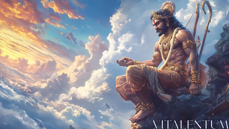 Epic mythic warrior seated above celestial cloud horizon.