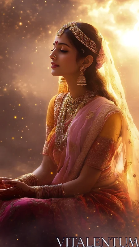 Sunlit bridal serenity in drifting halo of golden embers.