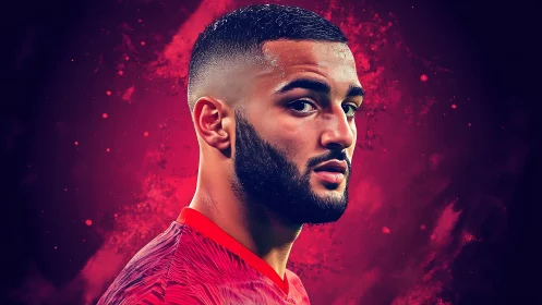Digital portrait of footballer against vivid red backdrop.