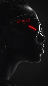 Profile study of neon-instrumented visor and silhouetted face.