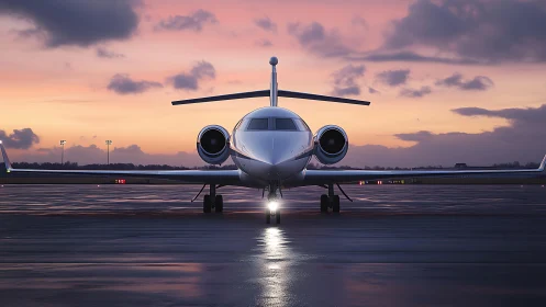 Twilight jet waits on rain-glossed runway for silent departure.