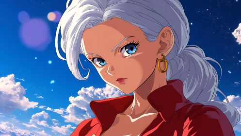 White-haired anime woman under night sky with clouds.