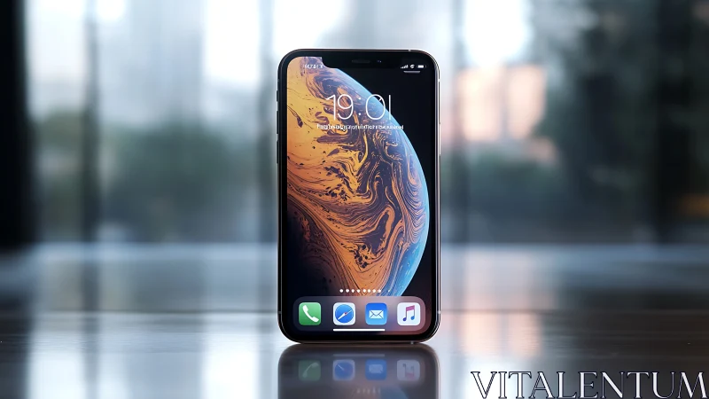 Photorealistic smartphone product shot with reflective surface focus.