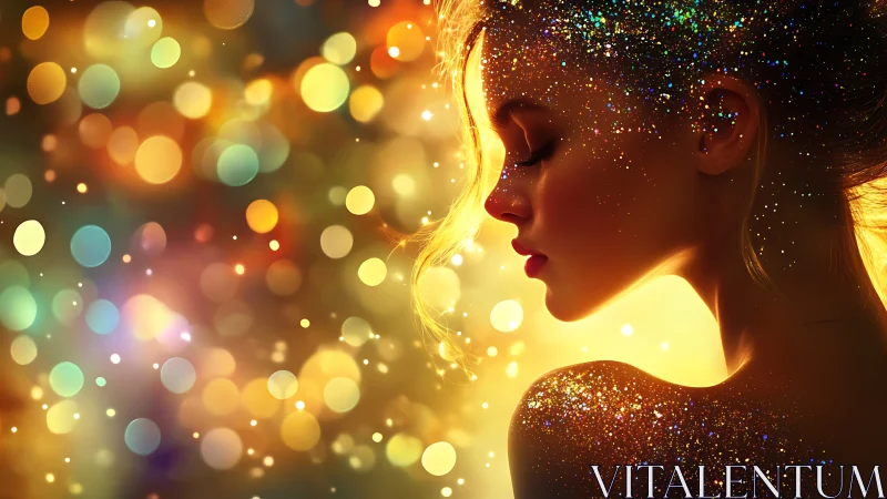 Glittered female profile against colorful bokeh lights.