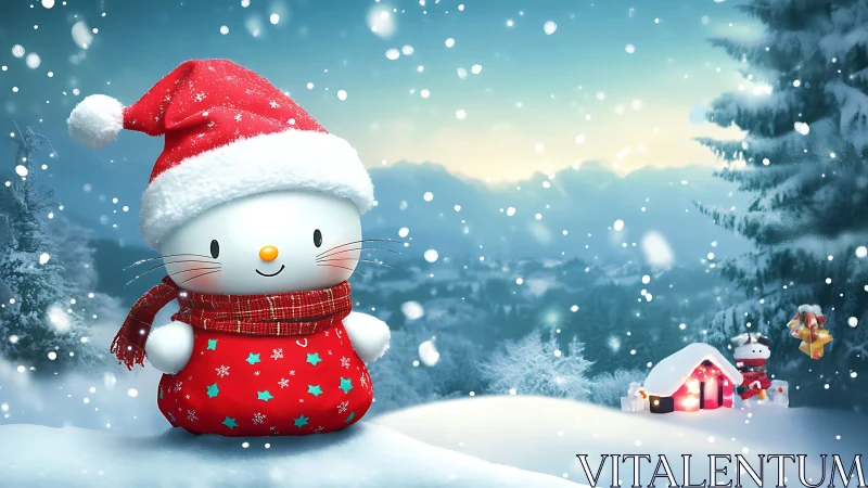 Cheerful snow kitty in a cozy winter wonderland scene.