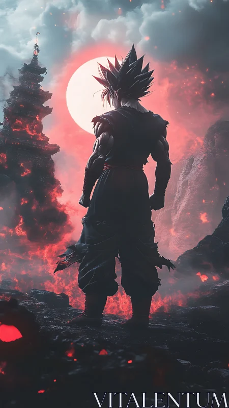 Lone super warrior before ember-lit temple and blood moon.