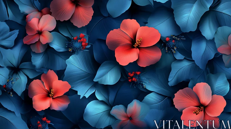 Coral Hibiscus Blooms Against Deep Blue Floral Layered Composition