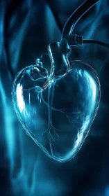 Translucent artificial heart with tubing in blue environment.