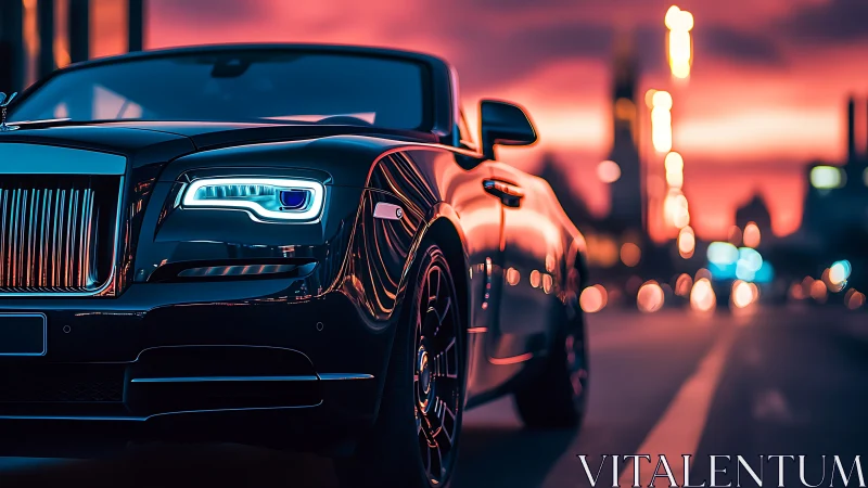 Luxury cabriolet in neon-lit urban dusk environment.