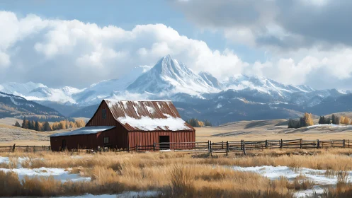 Red barn beneath snowcapped mountain range in soft light.