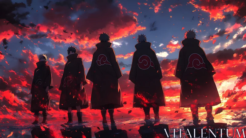 Rogue cloaked figures dominate burning crimson horizon.