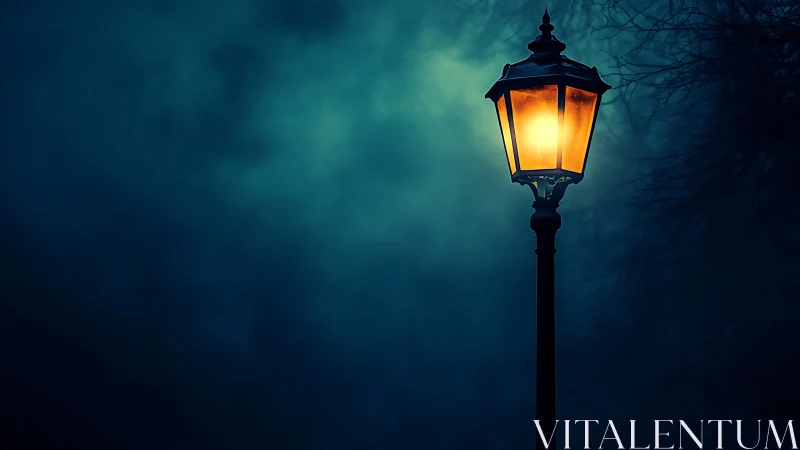 Lonely streetlamp glowing through deep blue night fog.