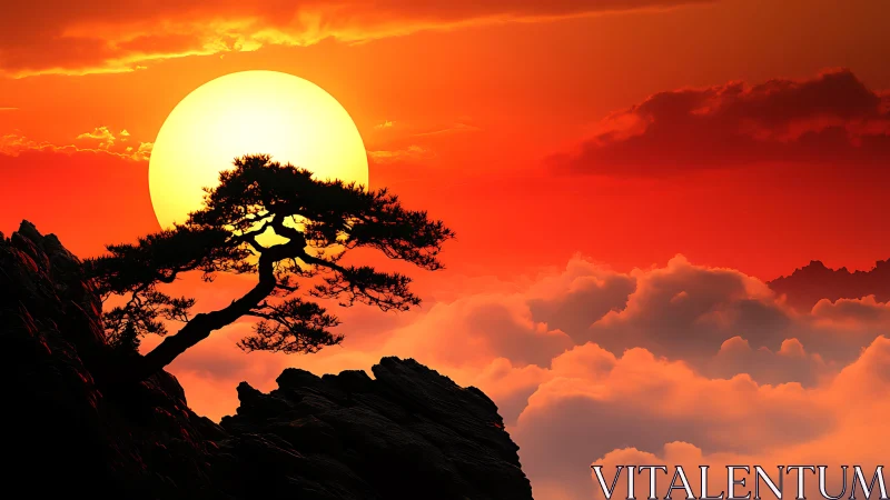 Digital painting sunset with silhouetted bonsai on cliff edge.