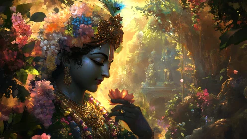 Gentle floral goddess in a golden, dreamlit forest sanctuary.