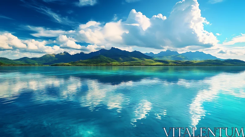 Coastal mountain ridgeline mirrored in high‑clarity tropic sea.
