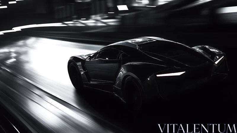 Midnight hypercar slicing through luminous wet asphalt.