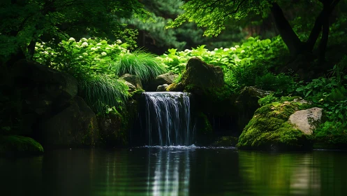 Gentle woodland waterfall tucked in a glowing green haven.