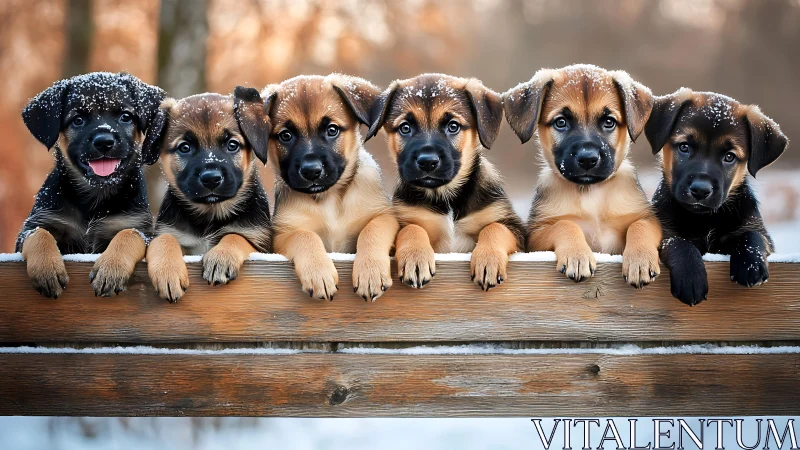 Snow-dusted puppies gaze over a winter fence in soft light