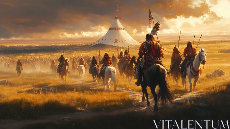 Warriors on horseback ride toward a ceremonial plains camp.