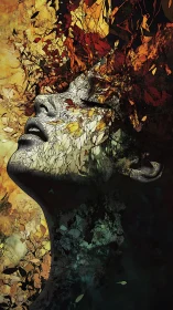 Abstract female profile dissolving into fiery fragments