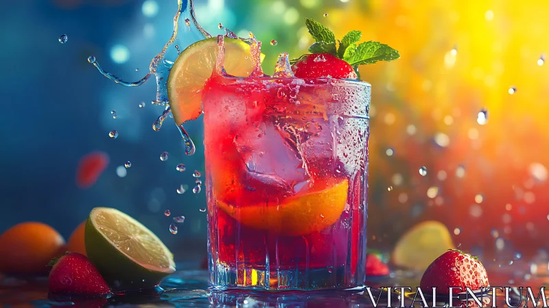 Vibrant Splash: Red Cocktail with Fresh Fruit and Ice.
