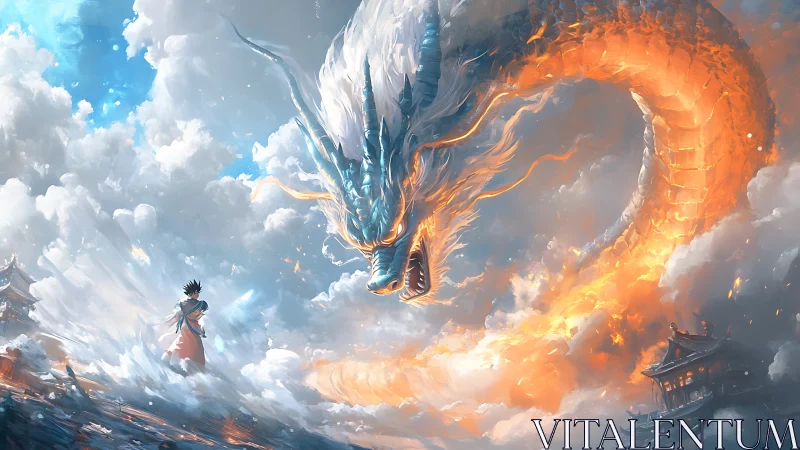 Sky temple duel with blazing celestial dragon spirit.