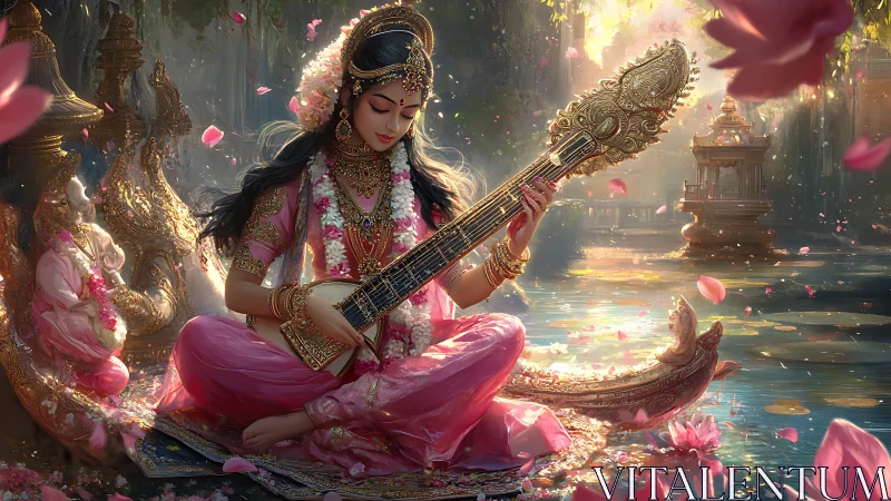 Ornate veena player amid lotus-filled waters and golden shrines.