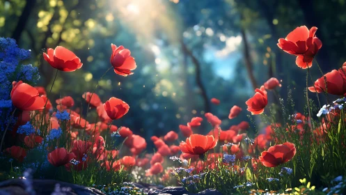 Red Poppies Bloom in Enchanted Forest Light.