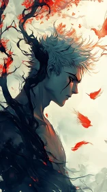 Sylvan hybrid portrait with arboreal morphogenesis and embered leaves.