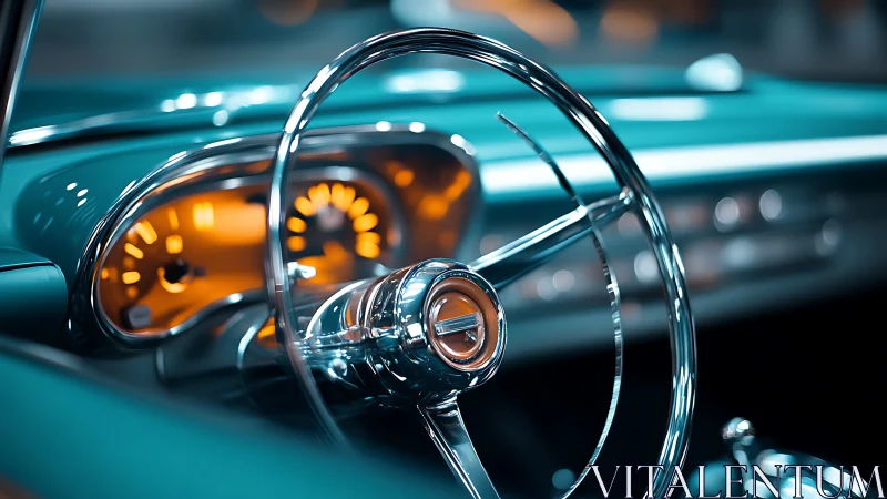Midcentury teal classic car cockpit with chrome steering wheel