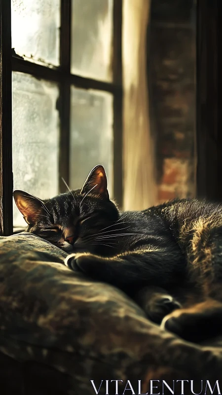 A Peaceful Black Cat Napping in Warm Afternoon Sunlight