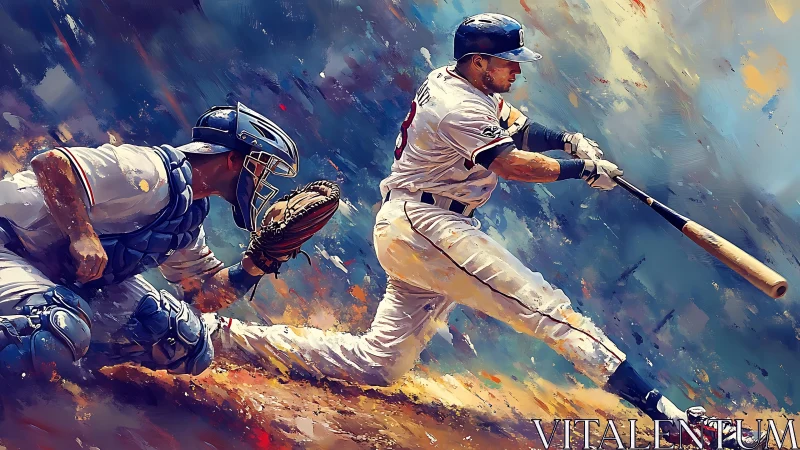 Baseball batter swings at pitch while catcher crouches behind