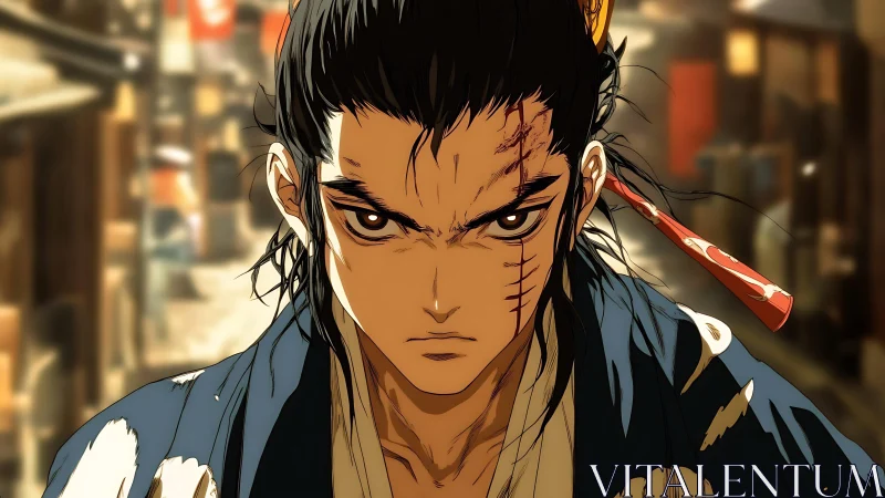 Samurai figure with facial scars in urban alleyway setting.