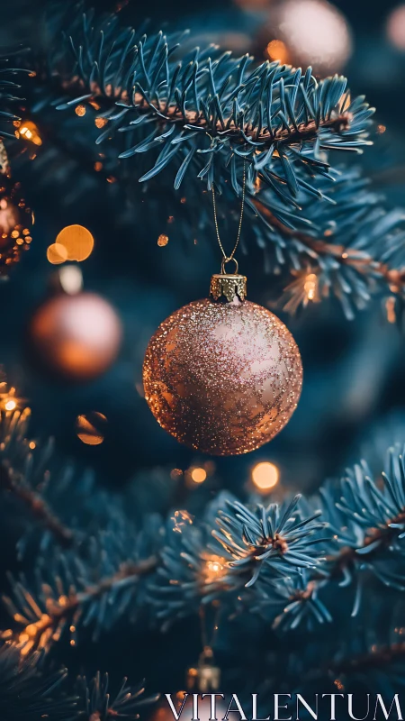Copper glitter ornament on blue spruce bokeh Christmas tree
